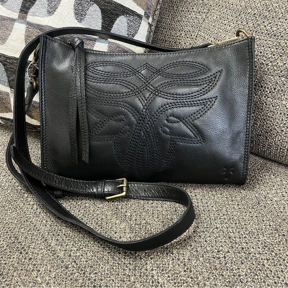FRYE Charlene Embroidered Crossbody Black Medium Full Zipped Genuine Leather NWT